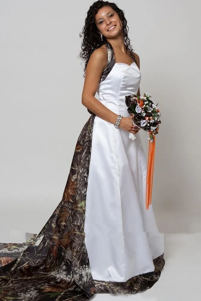 Customizable Camo Wedding Dress with Detachable Halter, A-Line Sweep Train, a sash, and Bow - Perfect for Country Garden Weddings at an Affordable Customizable Camo Wedding Dress with Detachable Halter, A-Line Sweep Train, a sash, and Bow - Perfect for Country Garden Weddings at an Affordable