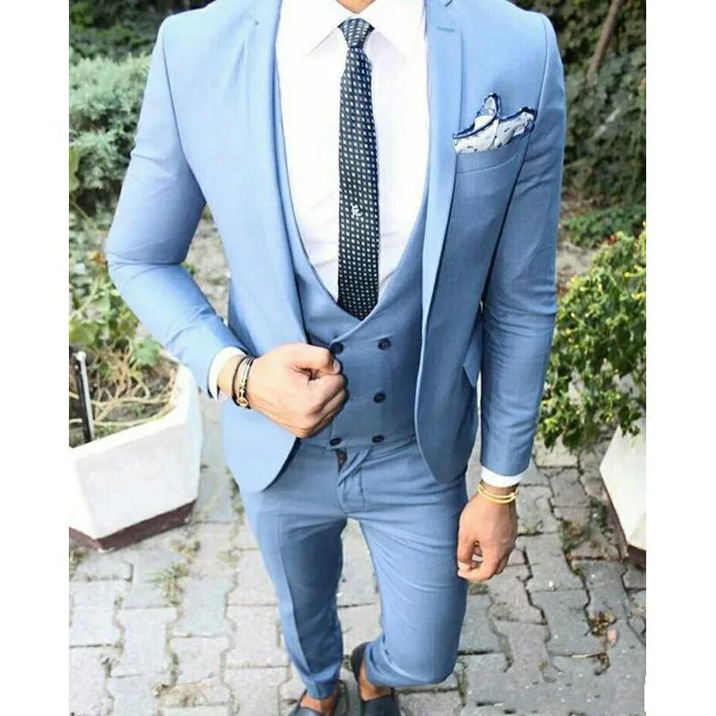 Costumes bleu clair pour hommes, Tuxedos de marié de mariage, trois pièces, gilet ajusté, Blazer sur mesure (veste + pantalon + cravate + gilet), 2019