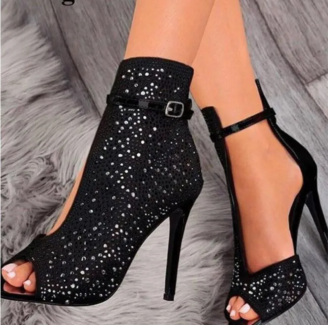 Fashion Black Diamond Rhinestone Sandals Ankle Summer Booties High heeled Summer Sandals