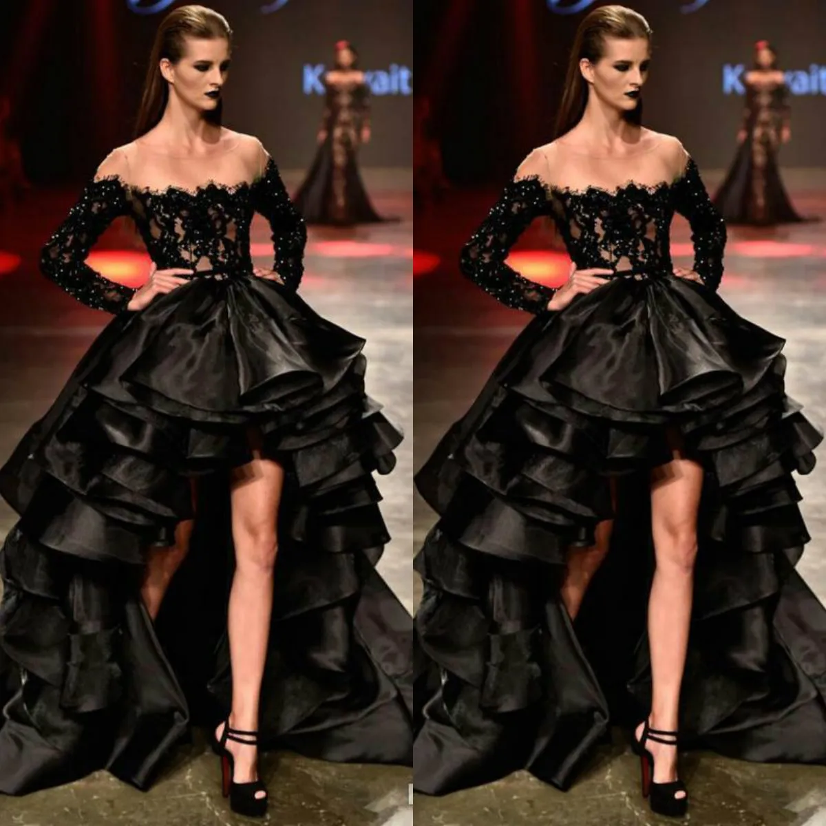 Charming Black Prom-jurken 2019 Bead Kant Organza Lange mouw Hoge Lage Sheer Neck Ruches Tiered Formele Jurken Avondslijtage