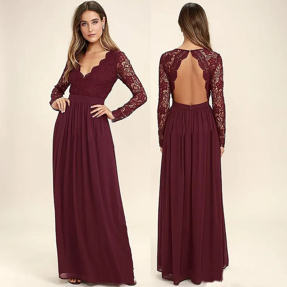 Burgundy Chiffon Bridesmaid Dresses Long Sleeves Western Country Style V-Neck Backless Long Beach Lace Top Wedding Party Dresses BD9079