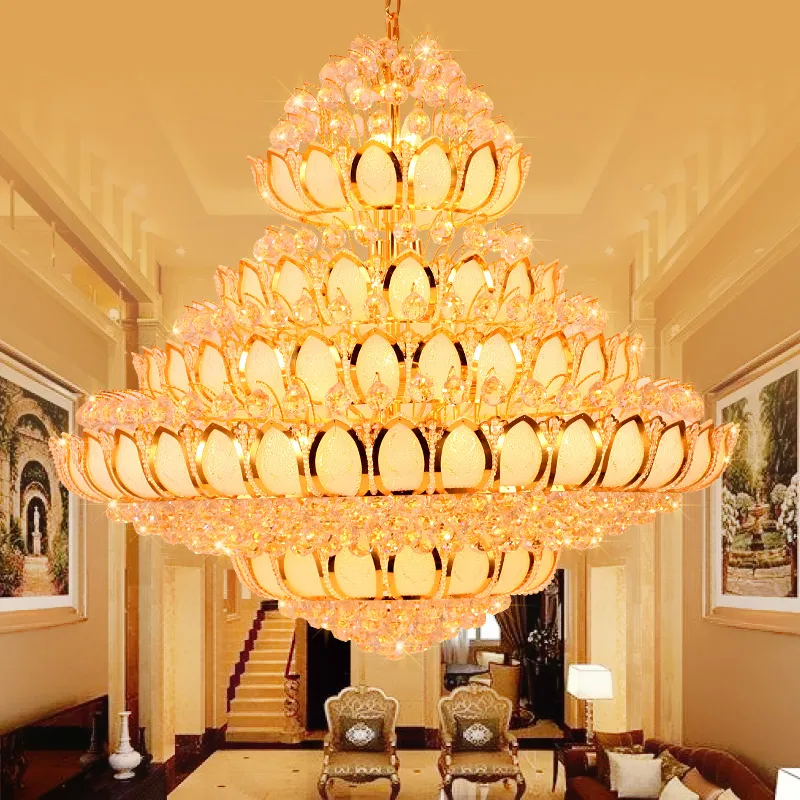 Lampadari di cristallo moderni a luce LED Apparecchio di illuminazione Lampadario in oro americano Fiore di loto Lampada da tempio Casa Villa el Big Crystal245I