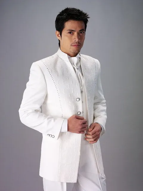 New Fashion White Embroidery Groom Tuxedos Stand Collar Men Suits 3 pieces Wedding Prom Blazer (Jacket+Pants+Vest) W494