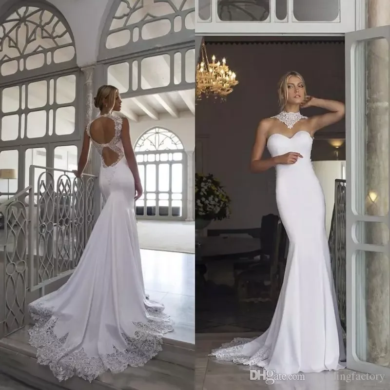 Riki Dalal 2019 robes de mariée sexy sirène dos ouvert col haut Illusion robes de mariée dentelle Appliques Fit et Flare robes de mariée sirène