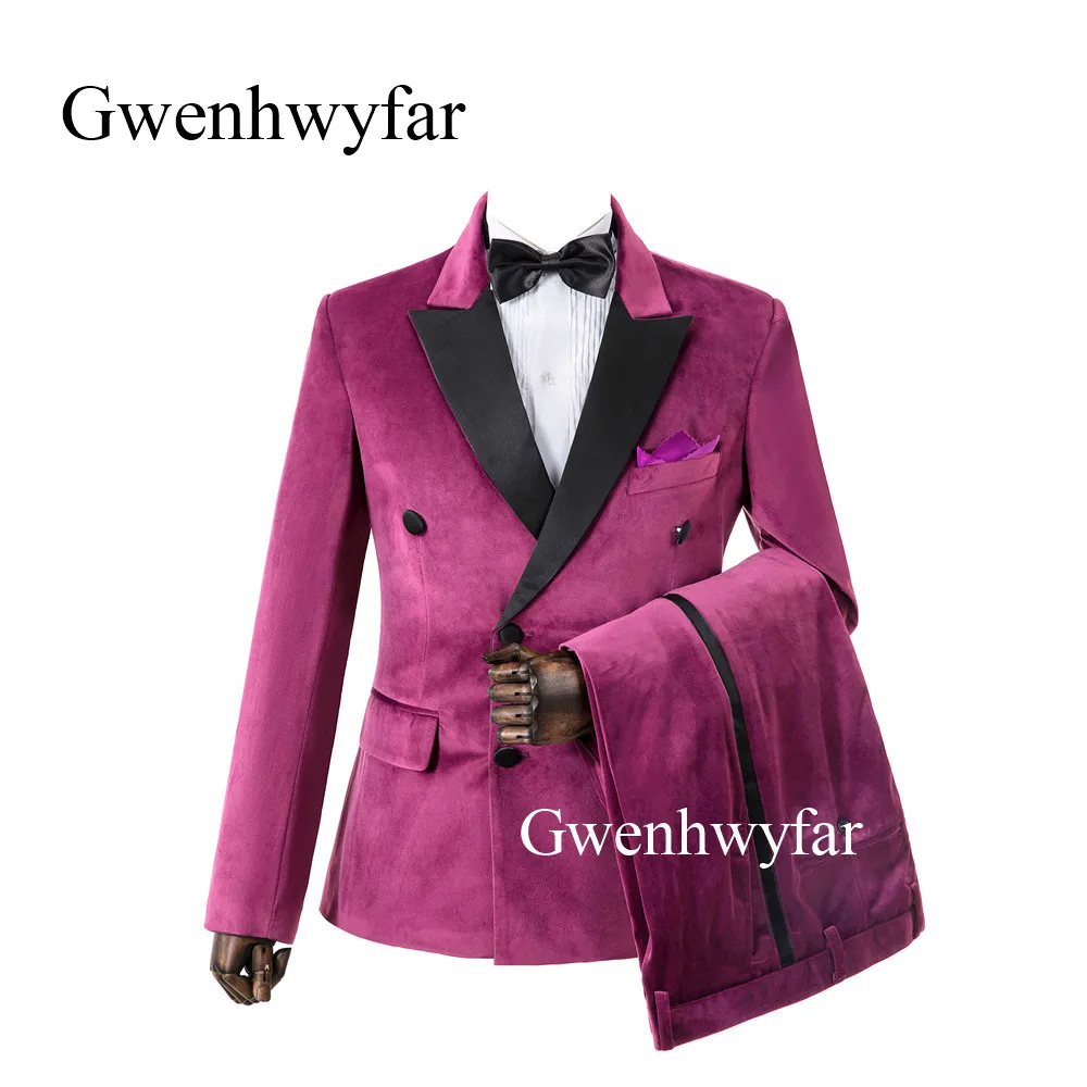Gwenhwyfarカジュアルスタイルホットピンクのベルベットの男性スーツピークラペル6ボタンブレザーウェディングタキシードカスタムメイド（ジャケット+パンツ