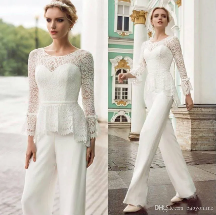 Vintage White Mother of Bride Groom Pants Suits Formal Mother Occasion Dress Lace Top Long Sleeve Mother Evening Party Jumpsuit