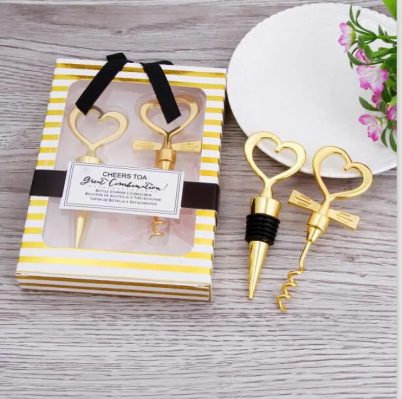 50PCS Gold Wedding Favors Heart Bottle Stopper and Corkscrew Set Bar Party Supplies Golden Wine Sets in Gift Box Birthday Keepsakes