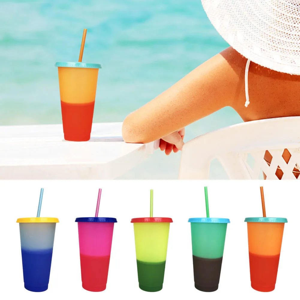 Color Changing Cup 700ML Magic Plastic Drinking Tumblers with Lid Straw Colorful Coffee Mugs 5 Colors LJJO7116A