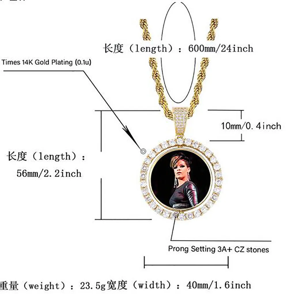 Maßgeschneiderte Po-Medaillons-Anhänger-Halskette, doppelseitige Drehung mit Seilkette, Gold, Silber, Roségold, Farbe, kubischer Zirkon 300P
