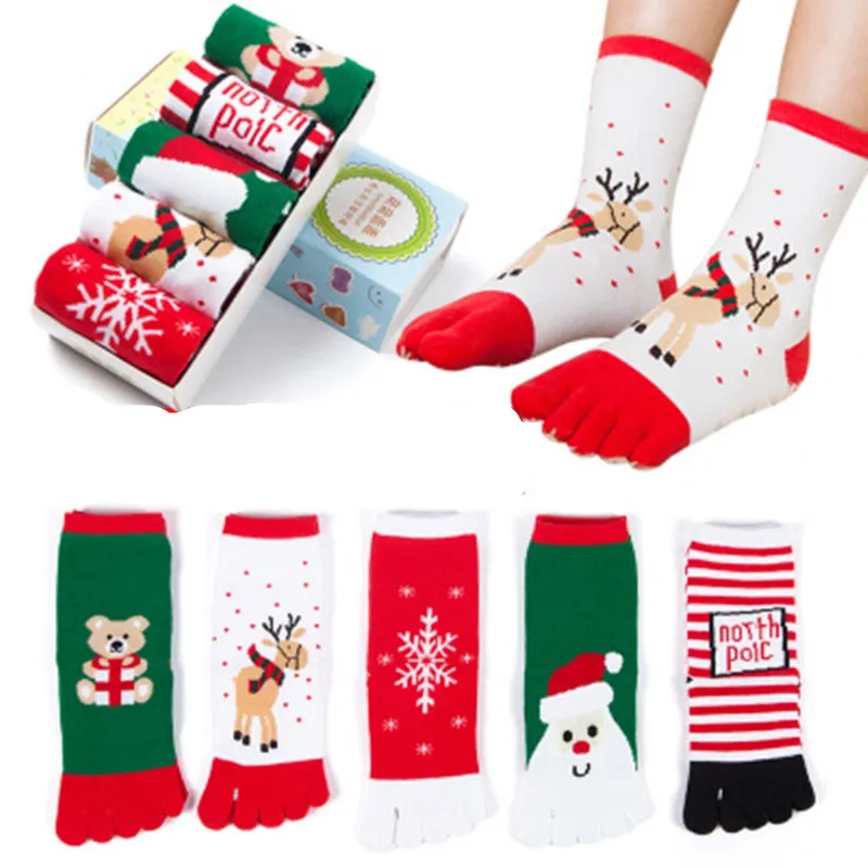 Jul Toe Socks Barn Rolig Tecknad 3D Tryckt Fem Fingers Socks Snowman Santa Varma Kids Mellankalv Lång Strumpor 5 Färg Gratis DHL