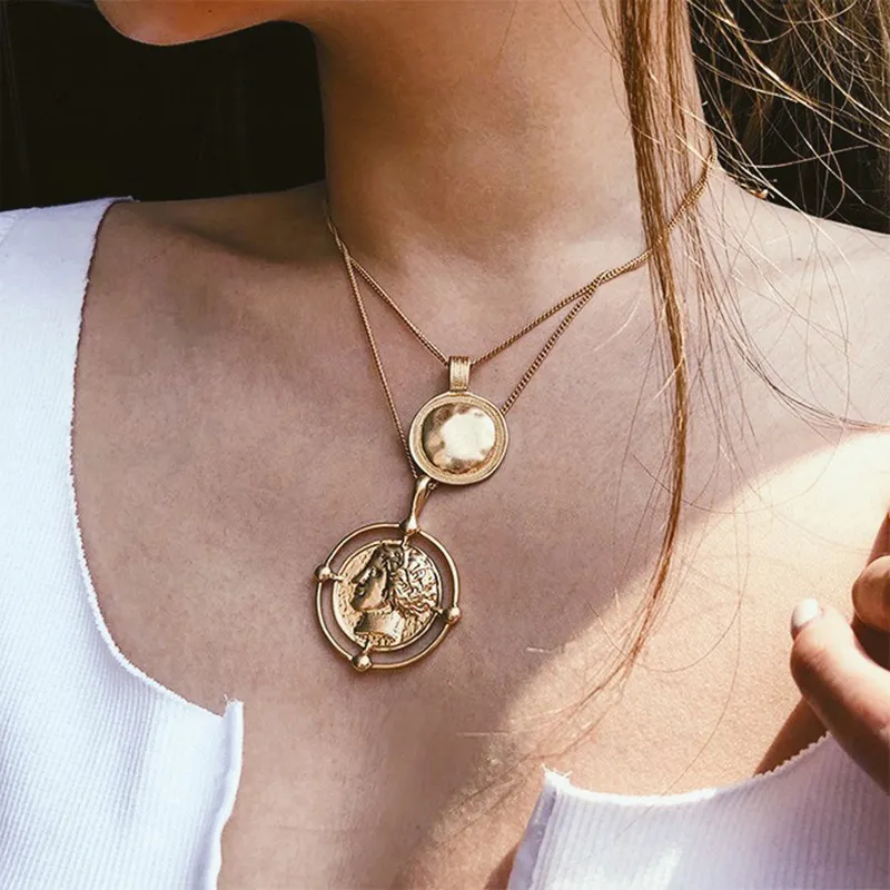 10st Bohemian Female Double-Lay Retro Gold Carved Coin Necklace For Women smycken Fashion Accessories