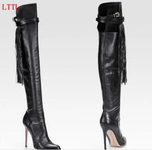 Hot Sale-Fashion Women Lår High Boots Alligator Kvinnor Fringe Boots Pekade Toe Thin High Heels Tassel Skor för kvinnor