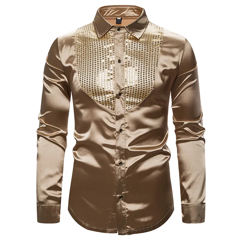 Mode hommes paillettes chemises 2020 tout nouveau coupe ajustée longue Chemise en soie hommes discothèque Disco danse fête scène bal Custume Chemise