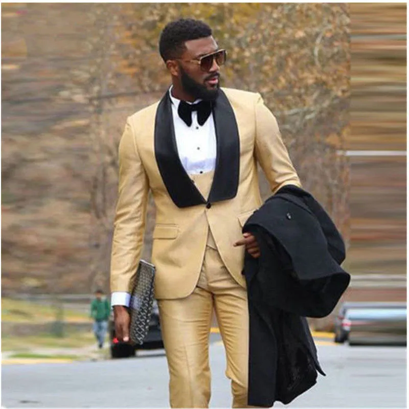 Nowy Design One Buttons Groom Tuxedos 2019 Czarny Szal Lapel Groomsmen Best Man Suit Mens Wedding Garnitury Oblubienie (Kurtka + Spodnie + Kamizelka + Łuk)