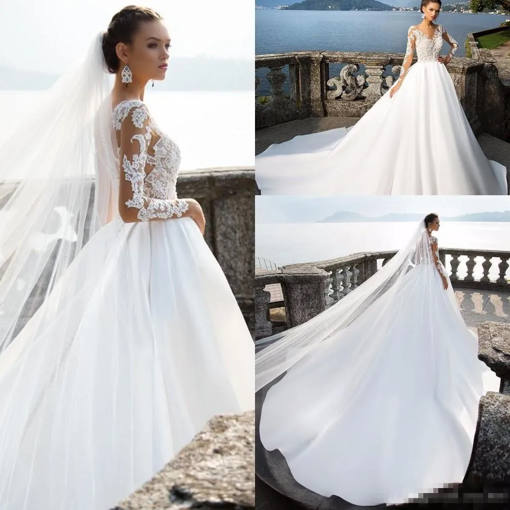 Modest Long Sleeves A Line Dresses Lace Applique V Neck Chapel Train Satin 2019 Custom Made Beach Garden Wedding Bridal Gowns 401 401