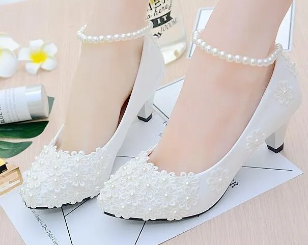 Handgjorda Ivory Pearl Lace Bröllop Dansfest Skor Flat 4,5cm 8cm Heel Low Heel Bridal Skräddarsydda Skor Brudtärna