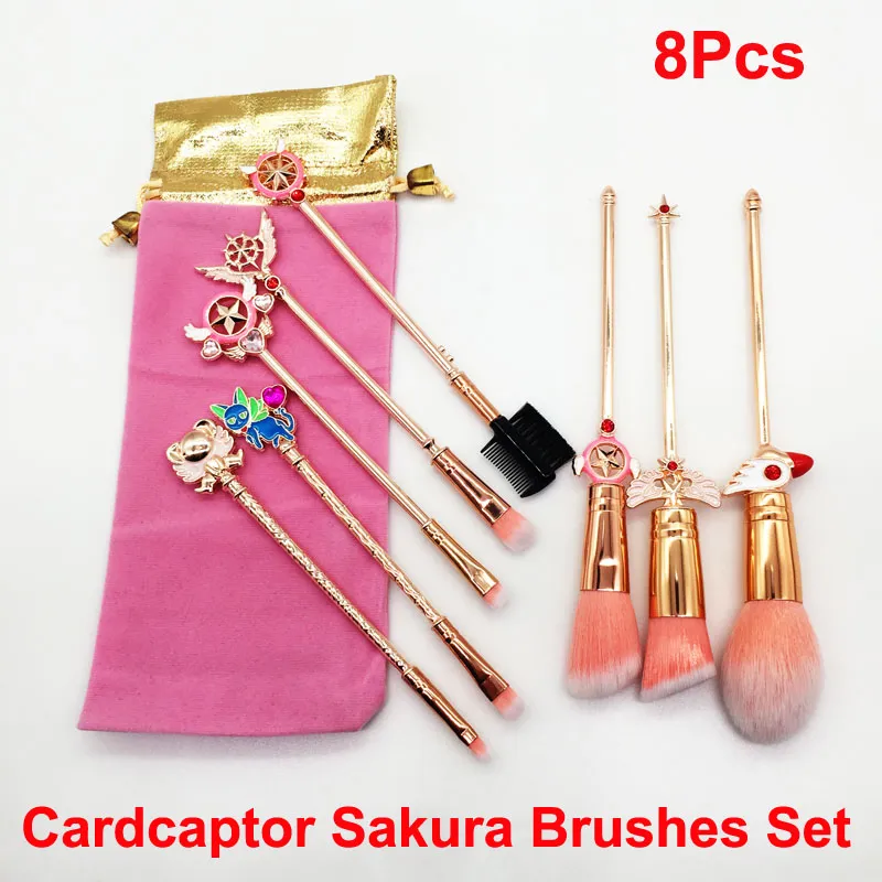 Las mejores brochas de maquillaje Sakura Cardcaptor, 8 Uds., brocha cosmética, varita mágica para chica, juego de brochas de maquillaje para cara, ojos, cejas y labios