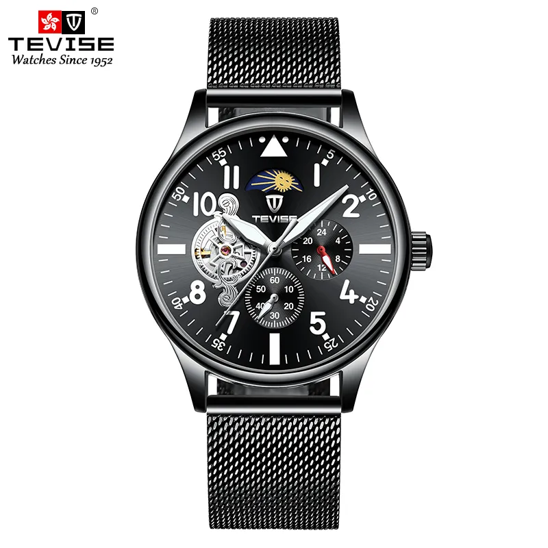Tevise Men Automatic Mechanical Watch Blackフルスチールトゥールビヨン腕時計ムーンフェーズクロノグラフ男性時計