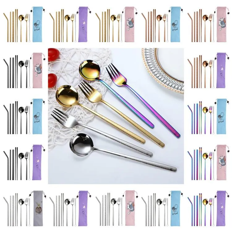 Ny 304 Rostfritt stål Bärbara bestick Set Chopsticks gaffelsked Halm 8 st / set Creative Cartoon Travel Pature Set T9i00275