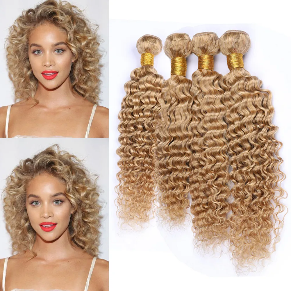 Bundles de tissage de vague profonde blond fraise de cheveux humains malaisiens 4pcs # 27 trames de cheveux vierges de vague profonde bouclée blonde miel 10-30 "longueur mixte