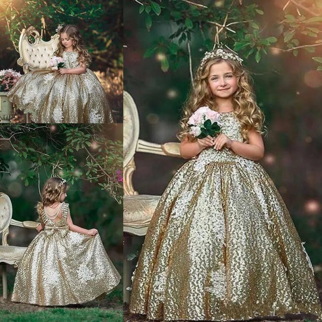 2019 Bling Sparkly Paillettes Robes De Filles De Fleur Appliques Sans Manches Robes De Fête D'anniversaire Première Communion Filles Pageant Robes2309