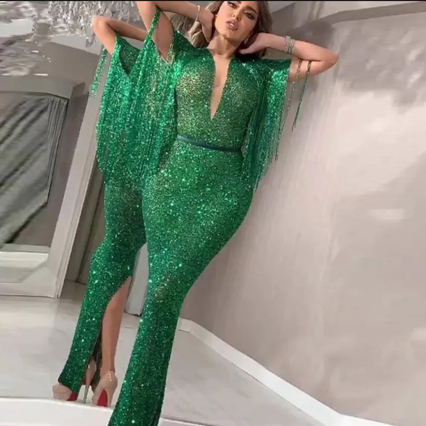 Abiti da ballo a sirena verde smeraldo scintillante 2020 con abiti da ballo sexy spaccati sul retro della nappa abiti da ballo trasparenti illusione profonda scollo a V Robe De Soiree