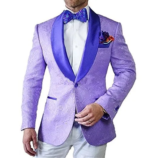 Último diseño Un botón Púrpura claro Cachemira Chal Solapa Boda Novio Esmoquin Hombres Fiesta Padrinos de boda Trajes (chaqueta + pantalones + corbata) K23