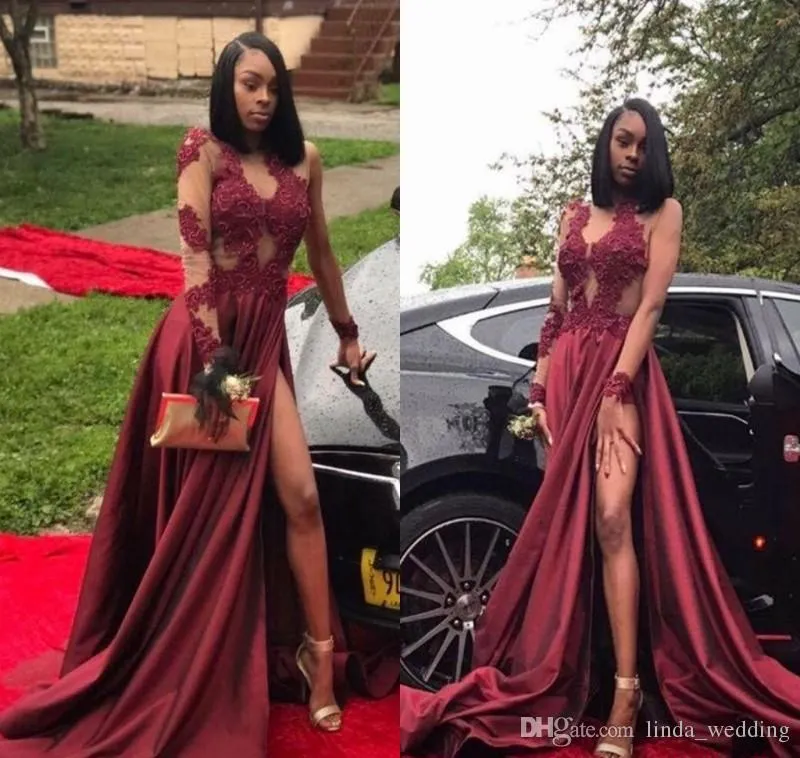 2019 Vestido de fiesta rojo oscuro Chicas negras con abertura larga Mangas largas Ropa formal para fiestas Vestido de fiesta de noche de graduación Por encargo Tallas grandes