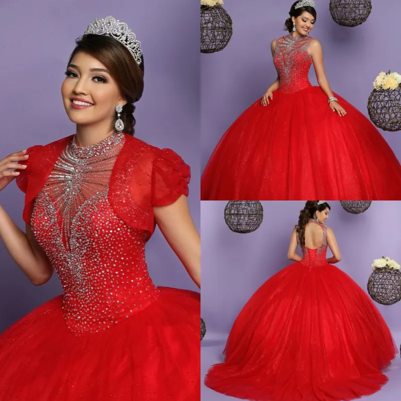 فساتين الكرة الحمراء فساتين quinceanera مع سترة عالية الرقبة مطرز الأعلى منتفخ كامل طول فتح العودة حفلة موسيقية مساء اللباس الدانتيل يصل ثوب 2018