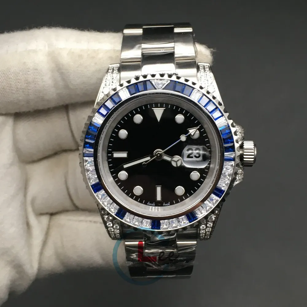 Högkvalitativa subklockor Män Sapphire Svart Blå Diamanter Bezel Rostfritt Stål 40mm Automatisk mekanisk armbandsur