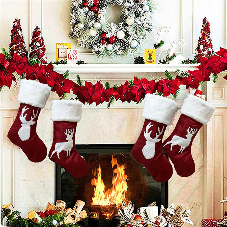 Large Elk Christmas Stockings Gift Bags With Xmas Tree