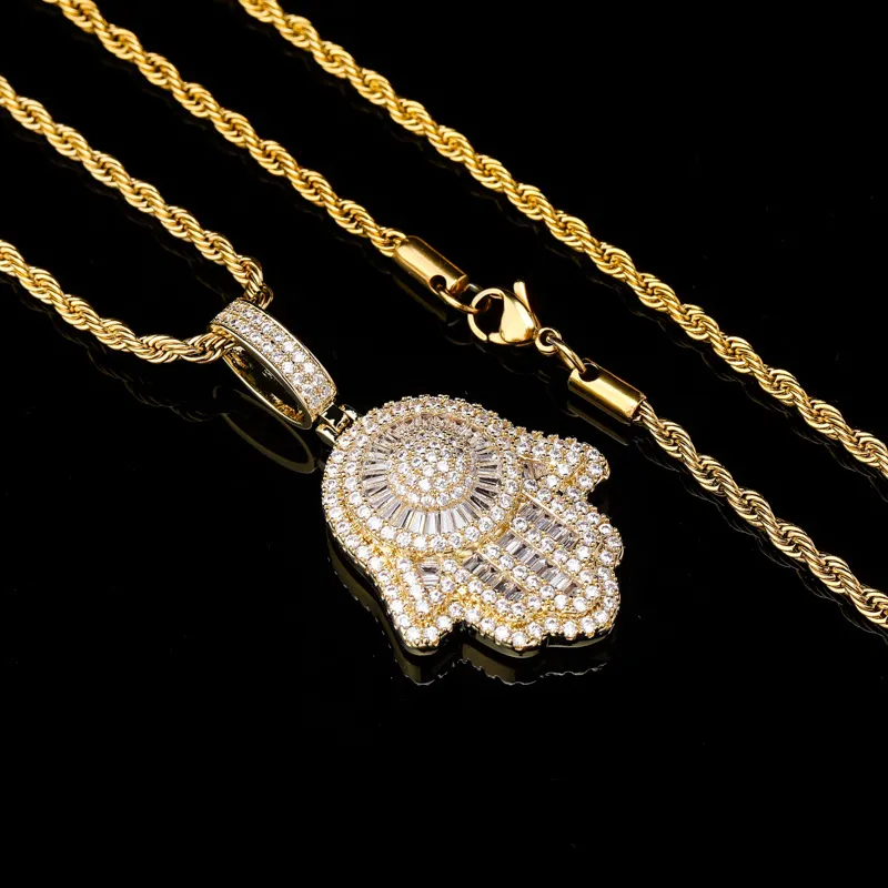 Herrkvinnor Hip Hop 14K Gold Plated Micro Iced Out Hamsa Hands Pendant med 24 ROPE CHAIN ​​HALKACES Hiphop Jewelry DIAMO206L