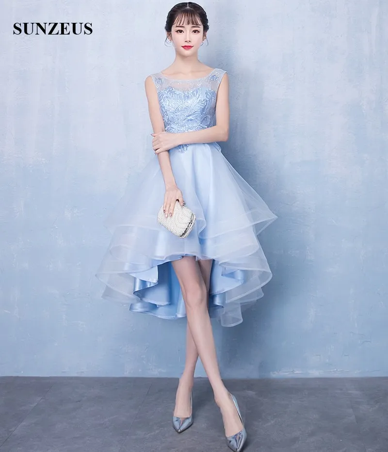 Light Blue High Low Homecoming Dresses 2019 Lace Bodice Appliques