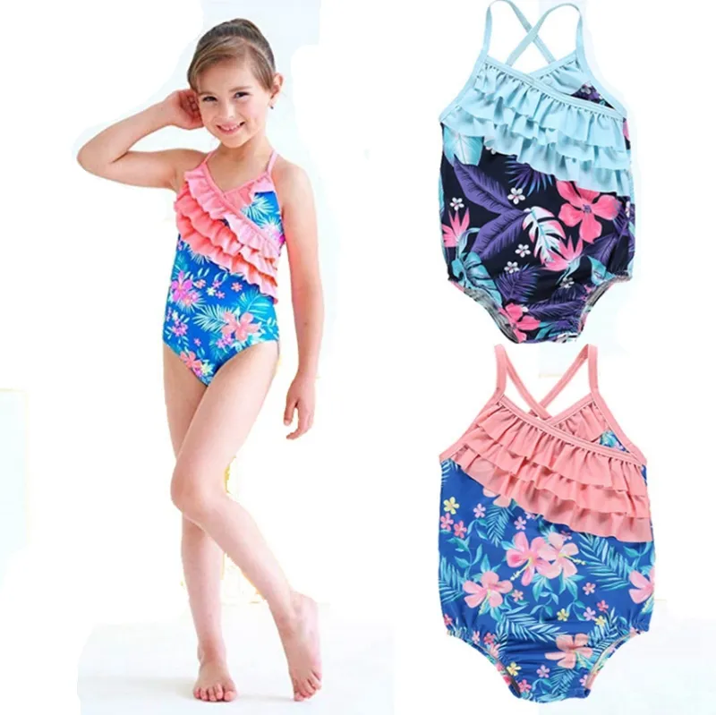 Девочки Swimsuits Цветочные девушки Swimwear One Piece Ruffled купальный костюм Дети Suspender плавать Одежда Летняя купальников DHW3226