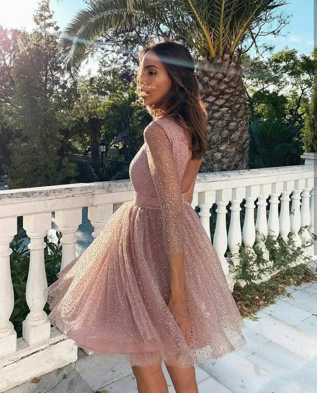 Elegant Blush Pink Sequined Cocktail Dress with Open Back and Lace Detailing