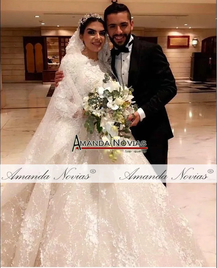 Chamagne-vestido de novia con flores en 3D, vestido de novia largo musulmán con mangas y espalda abierta, vestido de novia de talla grande, imágenes reales 289j