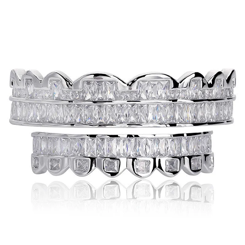 Nouvelle remise Baguette ensemble dents Grillz haut bas couleur argent grilles dentaire bouche Hip Hop mode bijoux rappeur bijoux