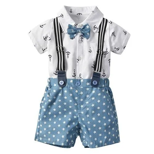 Children Summer Boy Suit Pure Cotton Necktie Sea Anchor Star Printed Two-piece Set Kids Clothing