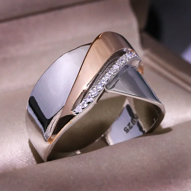 Оптово-стиль роскошные скрещенные два тональных лука узла ронзображения кольца преувеличенные личности моды Silverrose золото CZ обручальное кольцо