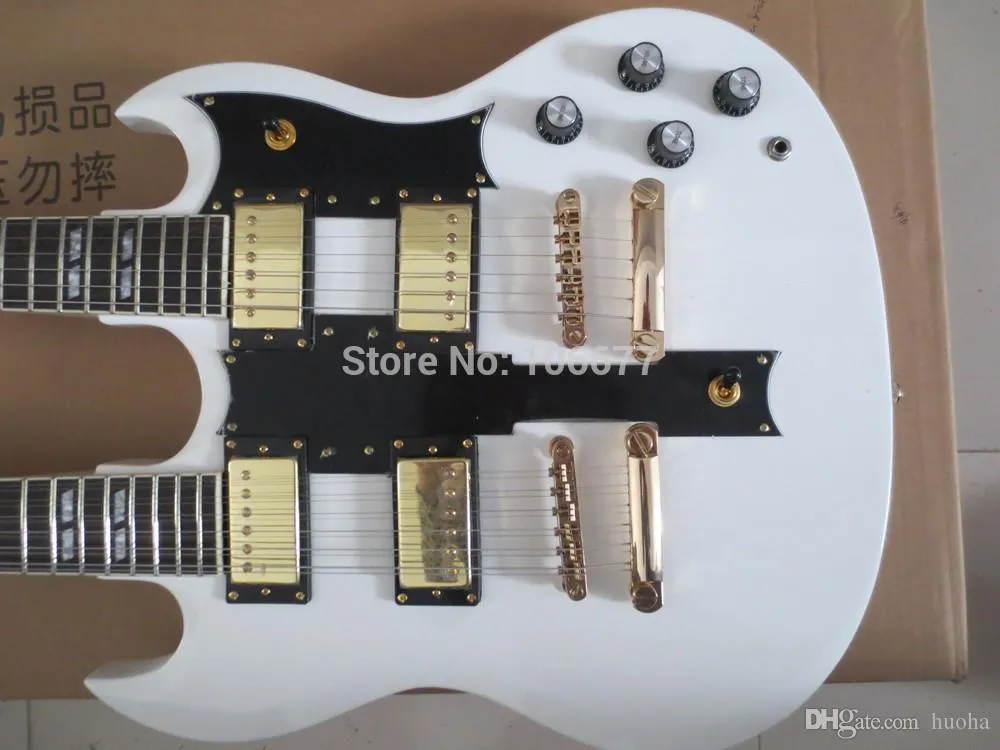 ree Nakliye Sıcak Satış 6 + 12 Strings Özel Gitar Çift Boyun Altın Donanım Beyaz Elektro Gitar