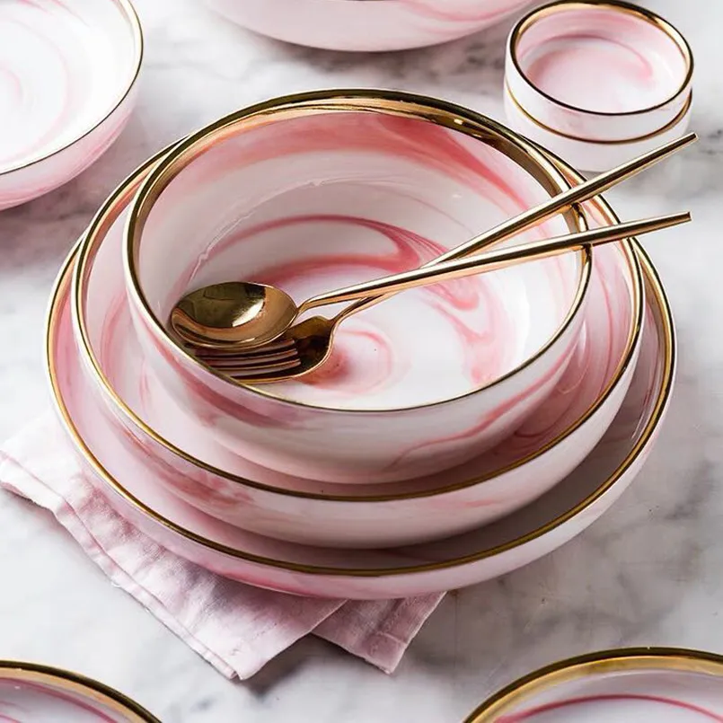 Różowy Marmurowy Ceramiczny Obiad Danie Talerz Ryż Sałatka Makaron Miska Zupa Płyty Porcelanowe Zestawy Naczynia Zestawy Naczynia Kuchni Kuchenka T200430
