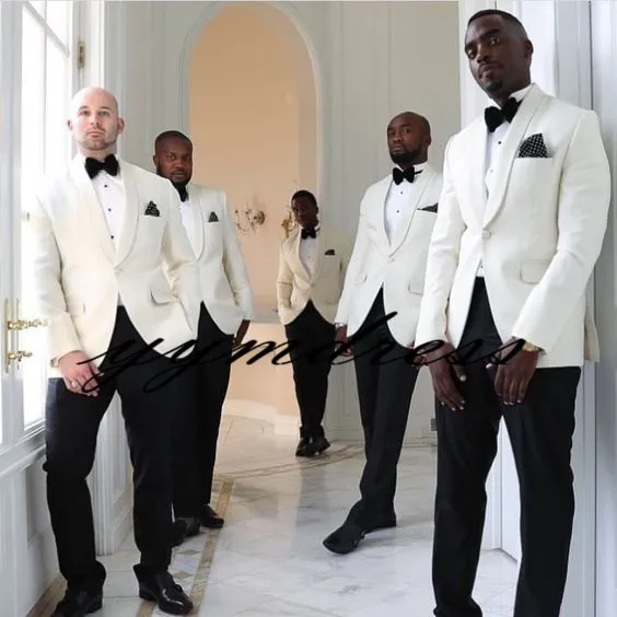 White One Button Groom Tuxedos 2019 Best man Mandarin Shawl Lapel Groomsman Men Wedding Suits Bridegroom (Jacket+Pants+Bow)