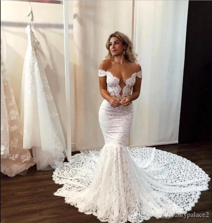 Sexig Full Lace Mermaid Bröllopsklänningar Se igenom Back Off Axel Court Train Bröllopsklänning Bröllopklänningar Vestidos de Noiva Custom