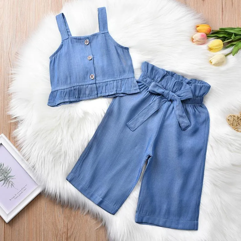 Småbarnflickor Kläder Summer Rem Ruched Solid Color Blue Vest Tops Bow Pants Set 2st Children Girl Outfits Dropshipping