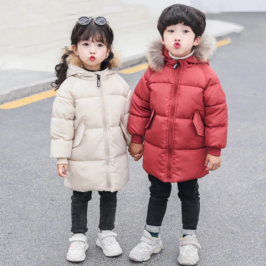 2019 зимняя куртка для девочек 2-9 лет мода длинные Parka детей повседневная твердая верхняя одежда с капюшоном Детская красная из искусственного меха