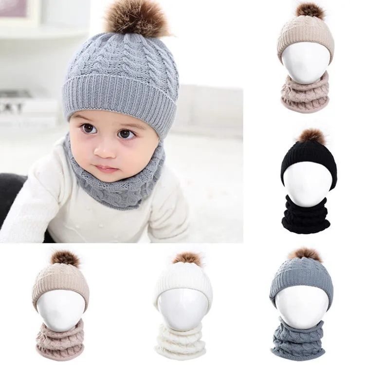 Baby barn stickad hatt halsduk barn vinter varm pompom päls kepsar mössa söta pojkar flickor pom pom hattar ring halsdukar kostym