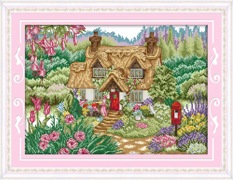 Flower cabin home decor painting ,Handmade Cross Stitch Embroidery Needlework sets counted print on canvas DMC 14CT /11CT