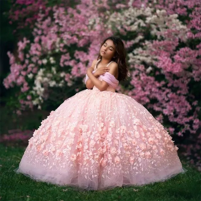 Pink Ball Gown Flower Girl Dresses for Wedding 2020 Off Shoulder Lace Beaded Girls Pageant Dress First Communion Gowns Party Wear