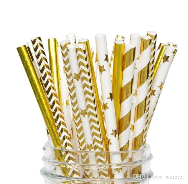 Promotion 196*6mm Colorful Disposable Thick Drinking Gold Star Heart Paper Straws For Bar Birthday Wedding Decoration Party Straw