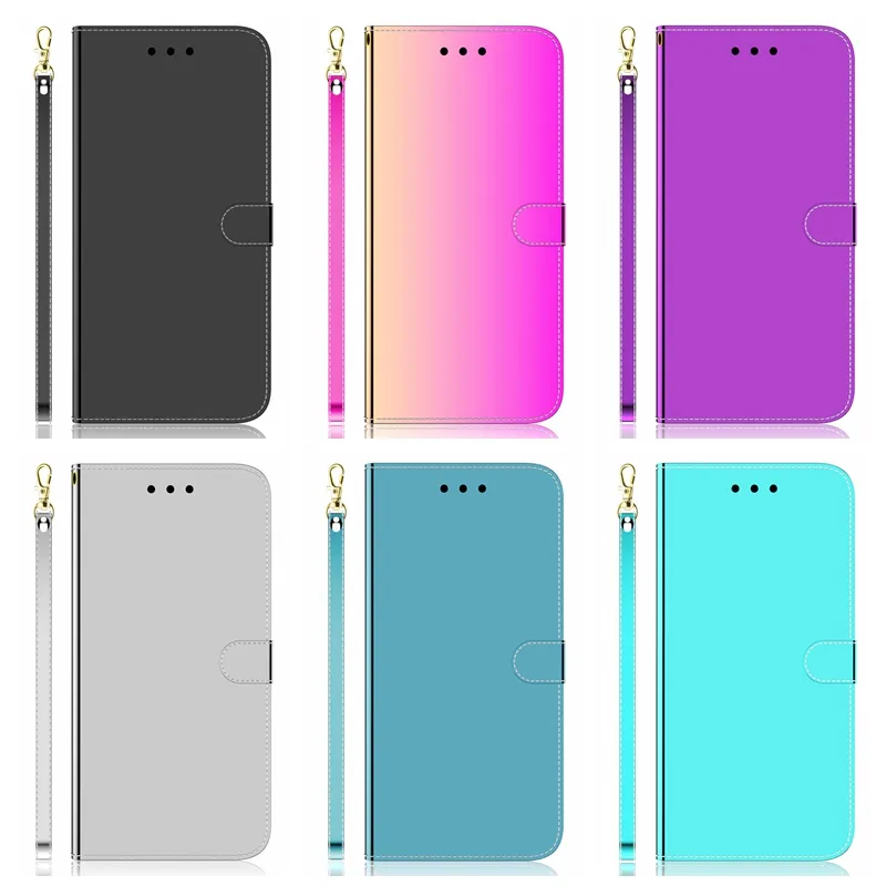 iPhone 15のミラーサーフェスレザーウォレットケース14 Plus 13 12 11 Pro XS Max XR X 8 7 6 Samsung M54 M14 S22 Ultra Gradient Holder Card ID Flip Cover Pouch Pouch